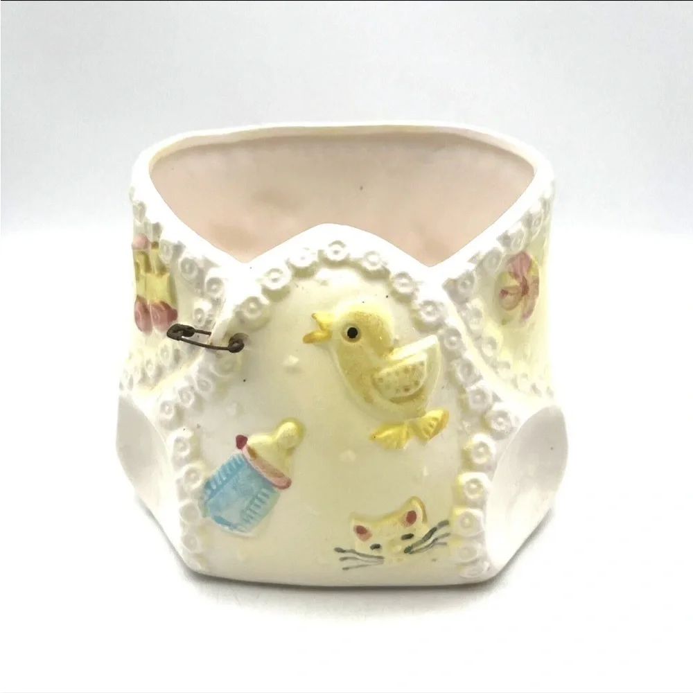 VTG Nursery Yellow -Duck Cat Train Bottle Diaper Ceramic Baby Flowerpot Planter